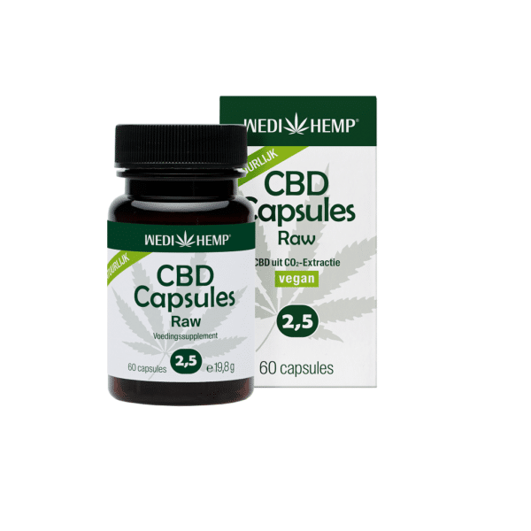 A bottle and box of Wedihemp CBD Capsules 2.5%, labeled with vegan and nutritional information, containing 60 pieces.