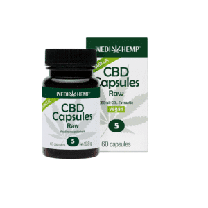 Bottle and box of Wedihemp CBD Capsules 5% (60 pieces), labeled as vegan with strength level 5.