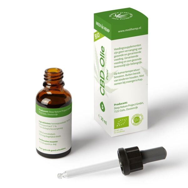 A bottle of Medihemp CBD Oil Pure 5% (30ml) sitting next to a bottle of Medihemp CBD Oil Pure 5%.