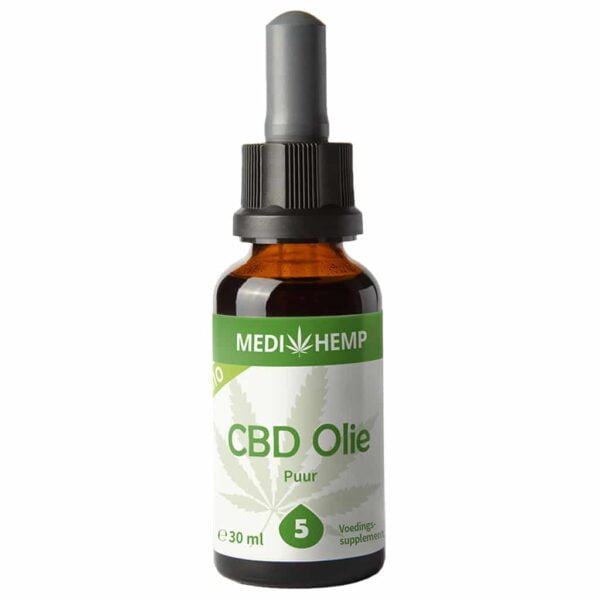 A bottle of Medihemp CBD Oil Pure 5% (30ml) on a white background.