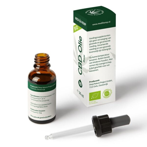 A Medihemp CBD Oil RAW 10% (30ml) and a dropper on a white background.