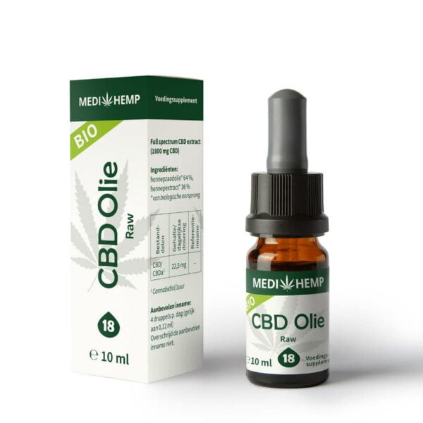 a bottle of Medihemp CBD Oil RAW 18% next to a box of Medihemp CBD Oil RAW 18%.