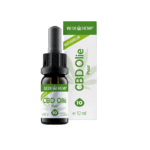 A bottle of Wedihemp CBD Oil Pure 10% with a dropper, placed next to its box adorned with green cannabis leaf designs.