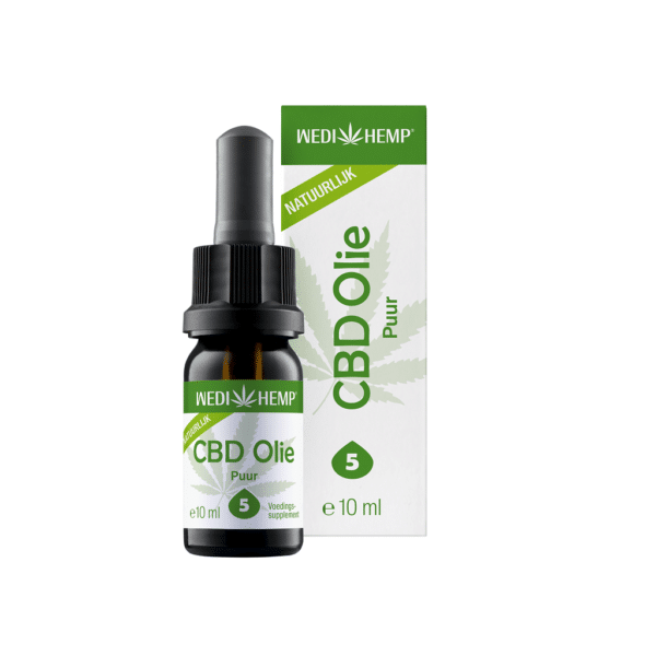 A bottle and box of Wedihemp CBD Oil Pure 5%, indicating a volume of 10 ml.