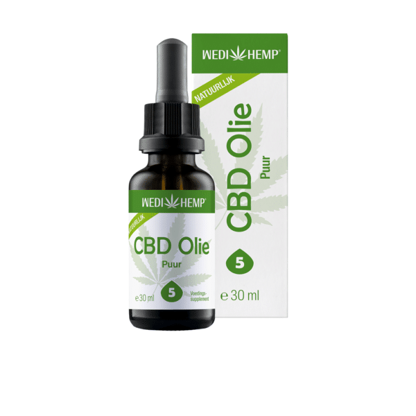 A bottle of Wedihemp CBD Oil Pure 5% (30ml) with a dropper, presented as a natural supplement, positioned beside its packaging featuring green text and a leaf design.