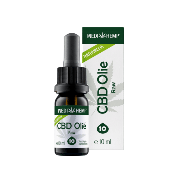 Boxed bottle of Wedihemp CBD Oil RAW 10%, labeled "Natuurlijk," containing 10 ml.