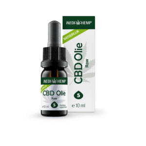 A small black bottle of Wedihemp CBD Oil RAW 5% and a matching box featuring a green cannabis leaf with the text "Natuurlijk.