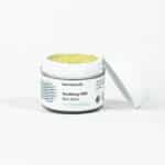 Place an open jar of Hemptouch calming CBD-balm (50 ml/50 mg) with the label visible, next to its detached lid, on a plain white background.