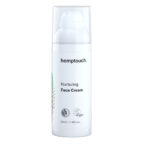 White bottle of Hemptouch nurturing face cream with CBD (50 ml), featuring vegan and eco-friendly symbols on the label.