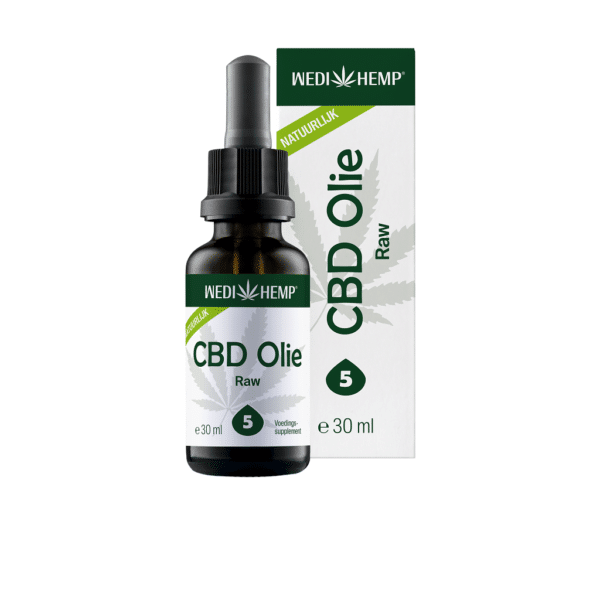 A 30 ml bottle of Wedihemp CBD Oil RAW 5%, marketed as a nutritional supplement, with its packaging in the background.