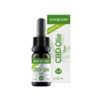 A 10ml bottle and box of Wedihemp CBD Oil Pure 2,5% that comes with a dropper cap and a packaging design featuring a green cannabis leaf.