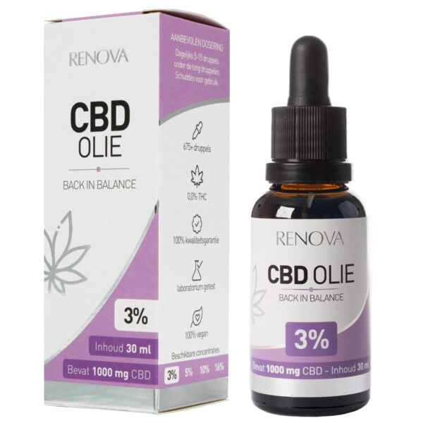 A bottle of Renova CBD oil 3% (30 ml) next to a box.