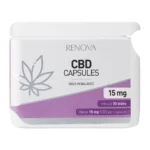 A container labeled "Renova CBD capsules 2.5% (10 mg)," featuring a leaf design, contains 30 capsules with 10 mg of CBD each.