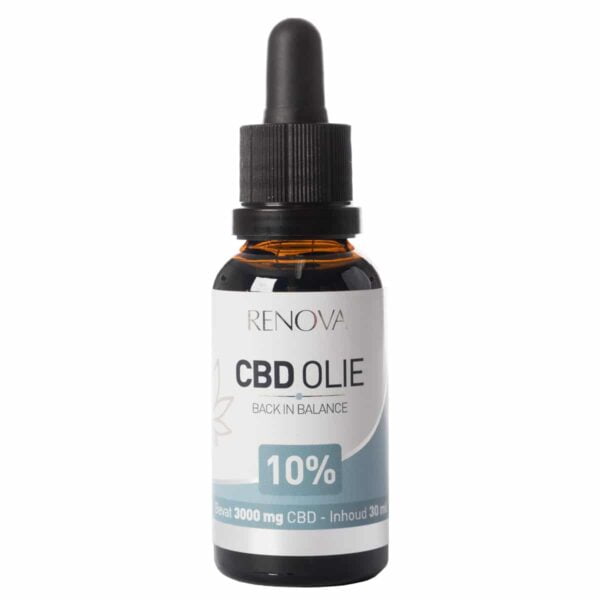 A bottle of Renova CBD oil 10% (30 ml) on a white background.