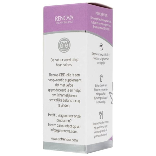 A white box with a purple label on it: Renova CBD oil 3% (30 ml).