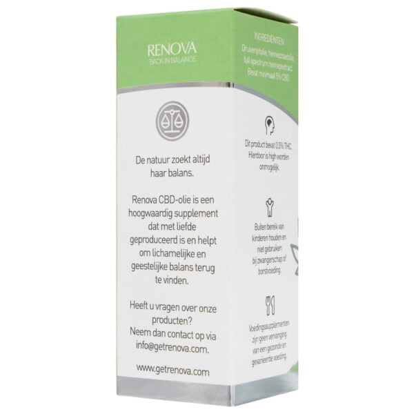 A white box with a green label on it containing Renova CBD oil 5% (30ml).