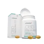 Packaging and open bottle of 5% CBD softgels capsules – Cibdol (60 pieces – 8.3 mg) displayed in front.