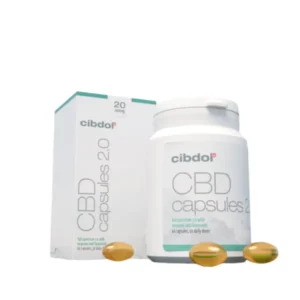 Cibdol's 20% CBD softgel capsules (60 pieces – 33.33 mg), labeled as full spectrum with curcumin, are showcased alongside three individual capsules in front of the bottle and box.