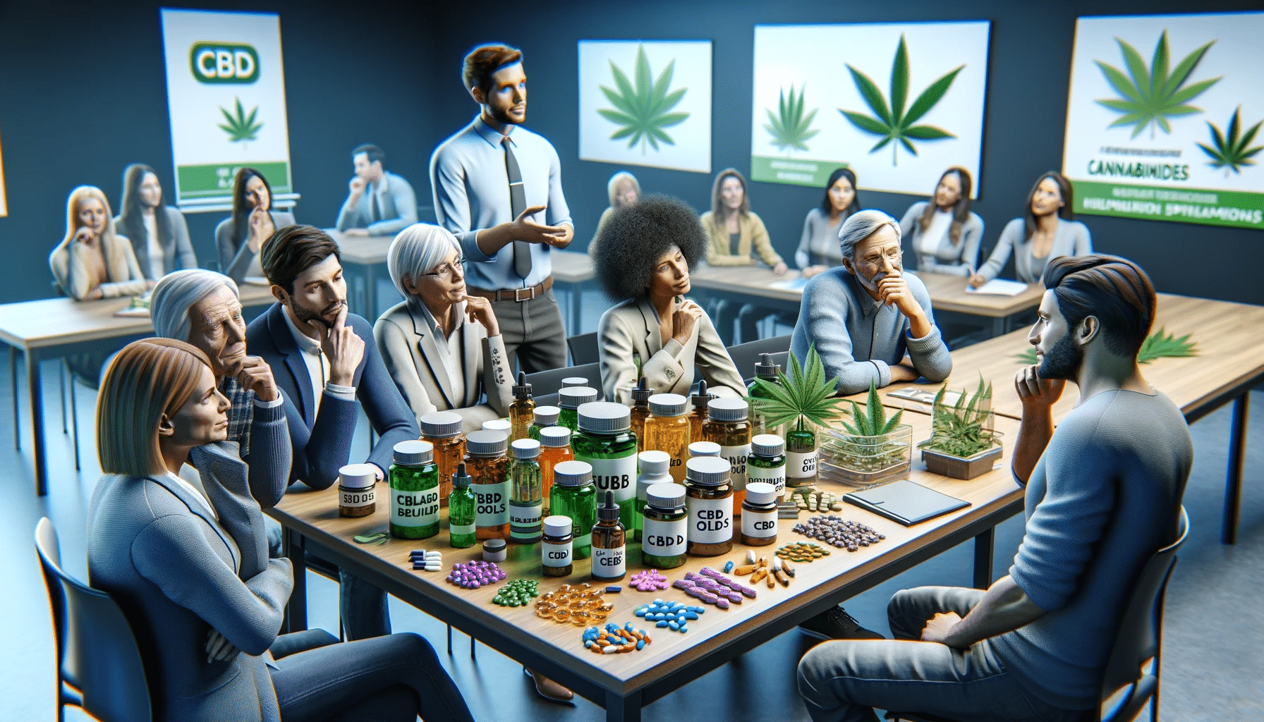 A group of people sitting around a table with marijuana.