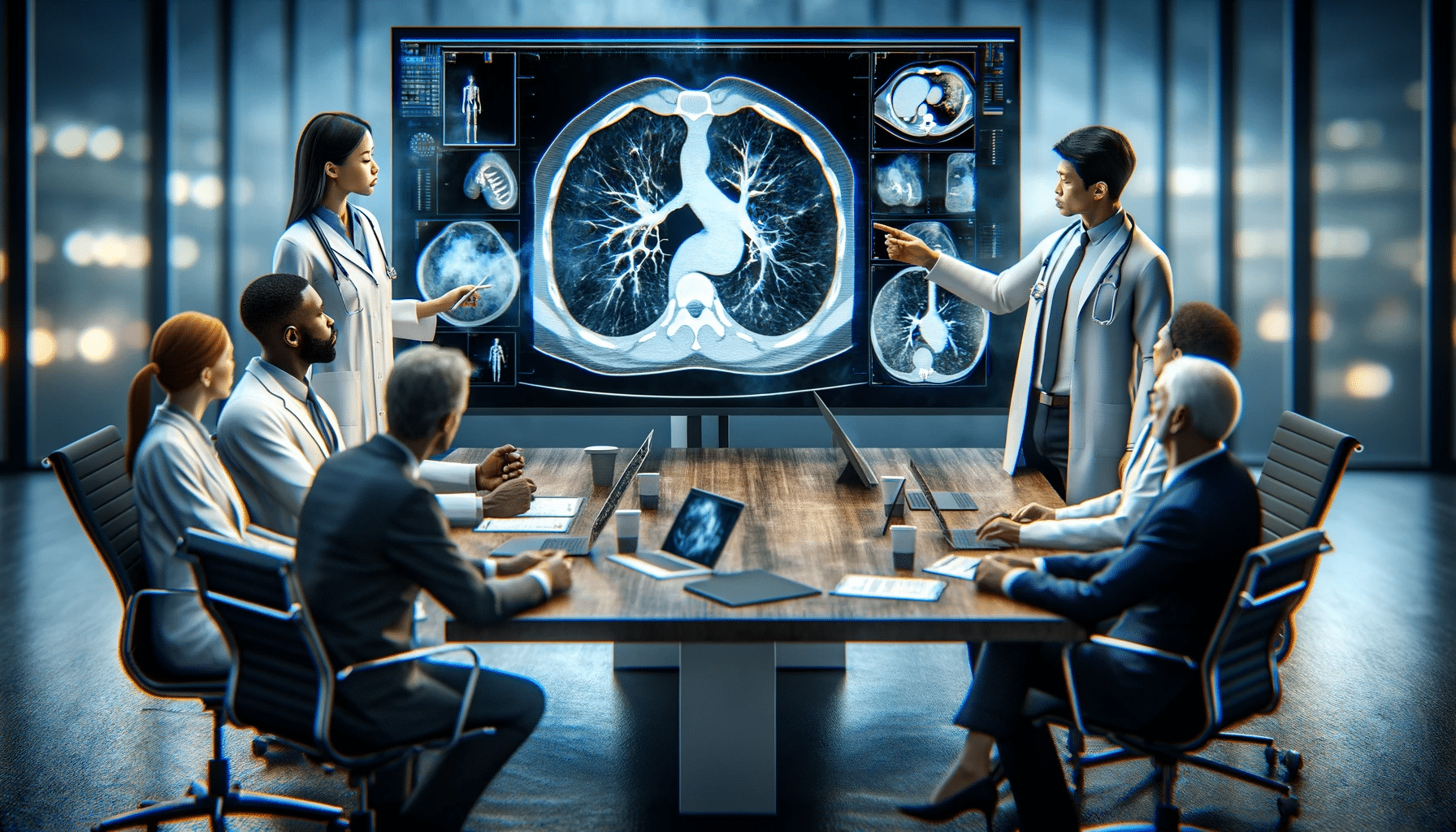 A group of people sitting around a table with an x-ray image on the screen.