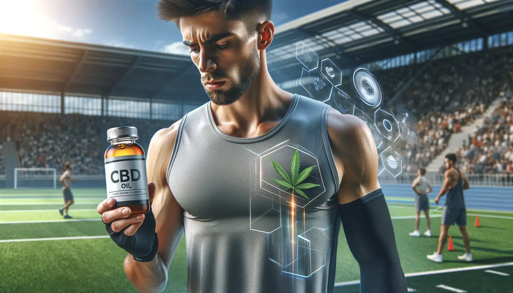 A man holding a bottle of cbd oil on a football field.