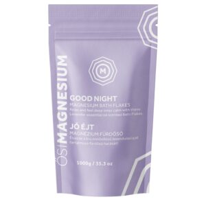 A 1000g purple packet of "OsiMagnesium - Good Night Magnesium Bath Flakes - Lavendel (1kg)" with English and Hungarian text. The packaging mentions the inclusion of lavender essential oil.