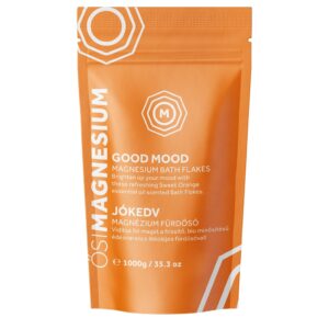 A 1000g orange and white pouch labeled "OsiMagnesium - Good Mood Magnesium Bath Flakes - Sweet Orange" with Sweet Orange essential oil. The text is in English and Hungarian.