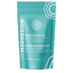 A teal pouch labeled "OsiMagnesium - Good Night Magnesium Bath Flakes - Lavendel (1kg)" with eucalyptus aromatic oil, displaying 1000g/35.3oz, and bilingual text in English and Hungarian.