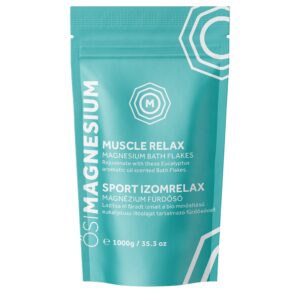 A teal pouch labeled "OsiMagnesium - Good Night Magnesium Bath Flakes - Lavendel (1kg)" with eucalyptus aromatic oil, displaying 1000g/35.3oz, and bilingual text in English and Hungarian.