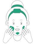 Diagram of a person applying Hemptouch - Mineral Shield Face Sunscreen SPF 30 (50ml) to their face. The diagram highlights spots on the cheeks, forehead, and chin where the product is being applied.