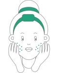 Illustration of a person wearing a green headband touching their cheeks with both hands; small green dots are on the cheeks, possibly indicating skincare treatment or acne with Hemptouch - Mineral Shield Face Sunscreen SPF 30 (50ml).