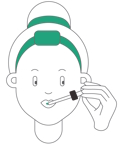 Illustration of a person holding a dropper near their open mouth, applying Hemptouch - Mineral Shield Face Sunscreen SPF 30 (50ml). The person has a bun hairstyle and a headband.