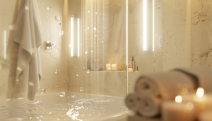 Modern bathroom with a rainfall shower, illuminated by vertical lights. Towels and candles are neatly arranged on a shelf, creating a clean and relaxing atmosphere. Water droplets from the Hemptouch - Comforting Cream Body Wash (250ml) are visible in the air.