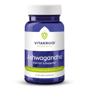 Blue bottle of Vitakruid - Ashwagandha KSM-66® & Bioperine®, featuring 60 vegan capsules and a green and white design.