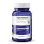 The blue bottle of dietary supplement Vitakruid - Ashwagandha KSM-66® & Bioperine® (60 Vegan Capsules) has a white label with product information in Dutch, highlighting usage details, ingredients, and storage instructions.