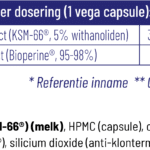 Vitakruid - Ashwagandha KSM-66® & Bioperine® supplement label: per vegan capsule, contains 300 mg Ashwagandha extract, 3 mg Black pepper extract with HPMC and silica as ingredients (60 Capsules).